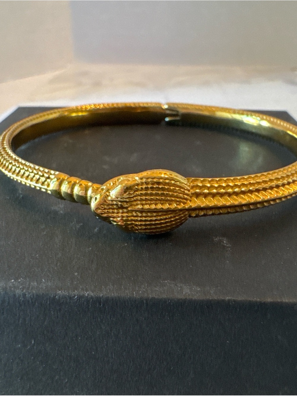 18k gold plate Textured Snake-Head Hinged Bangle Bracelet - Women Jewelry